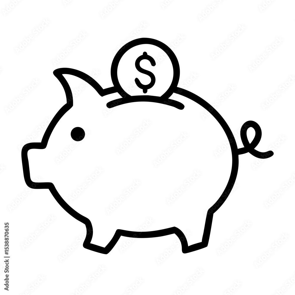 Obraz premium Simple Piggy Bank Line Icon – Minimalist Money Saving Illustration, Budget Finance Symbol, Dollar Coin Graphic for Apps, Websites, and Financial Education