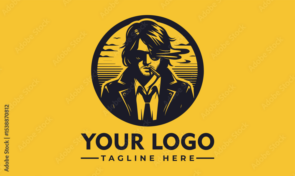 Naklejka premium Vintage logo design of a stylish, smoking person in a dark coat.