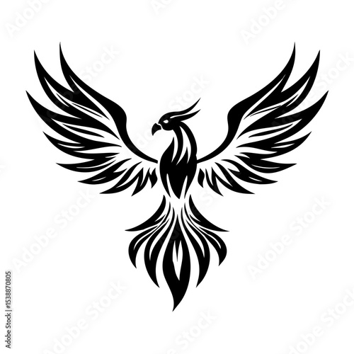Majestic Tribal Phoenix Tattoo Design – Mythical Firebird Artwork for Men & Women, Bold Black Ink Symbol of Rebirth, Power, and Spiritual Transformation