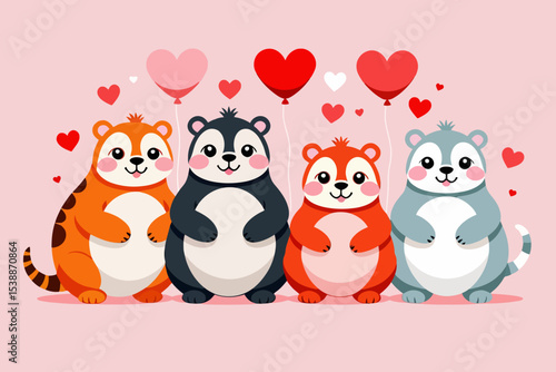 Cute Valentine's Day Bears-Adorable Cartoon Animals with Heart Balloons-Perfect for Valentine's Day Cards and Graphics-Share the Love with These Sweet Furry Friends