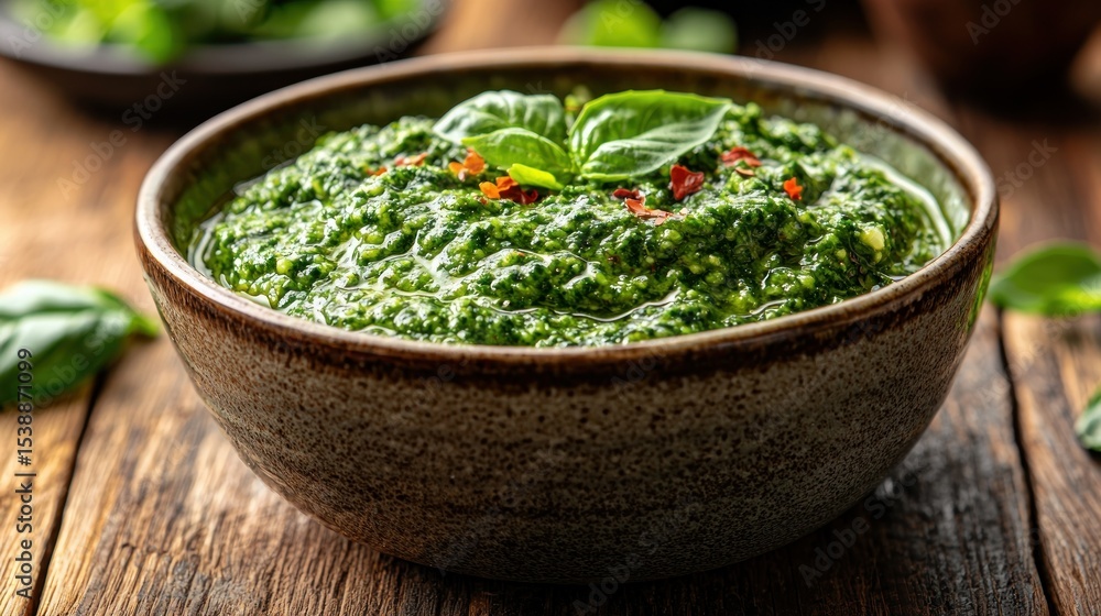 Fresh green pesto in a bowl on a rustic wooden table Fresh green pesto in a bowl on a rustic wooden table
