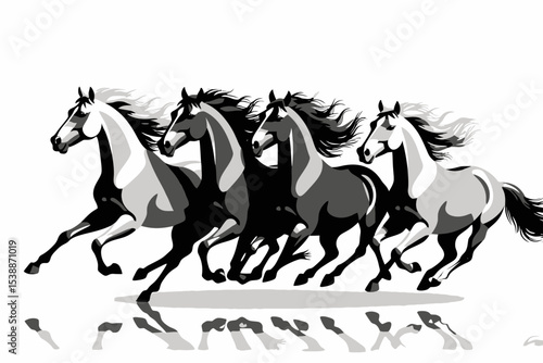 Elegant Black and White Horses Galloping - Dynamic Equestrian Art - Striking Minimalist Horse Illustration - Powerful Animals in Motion - Free Spirit Symbolism