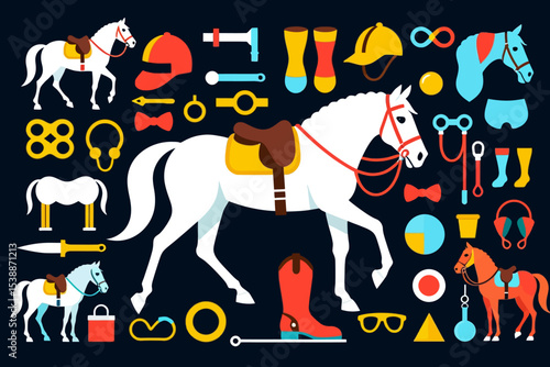 Equestrian Lifestyle Vector Illustration-Horse Riding Gear and Equipment Flat Design-Perfect for Horse Lovers and Equestrian Enthusiasts-Colorful Horse Illustration