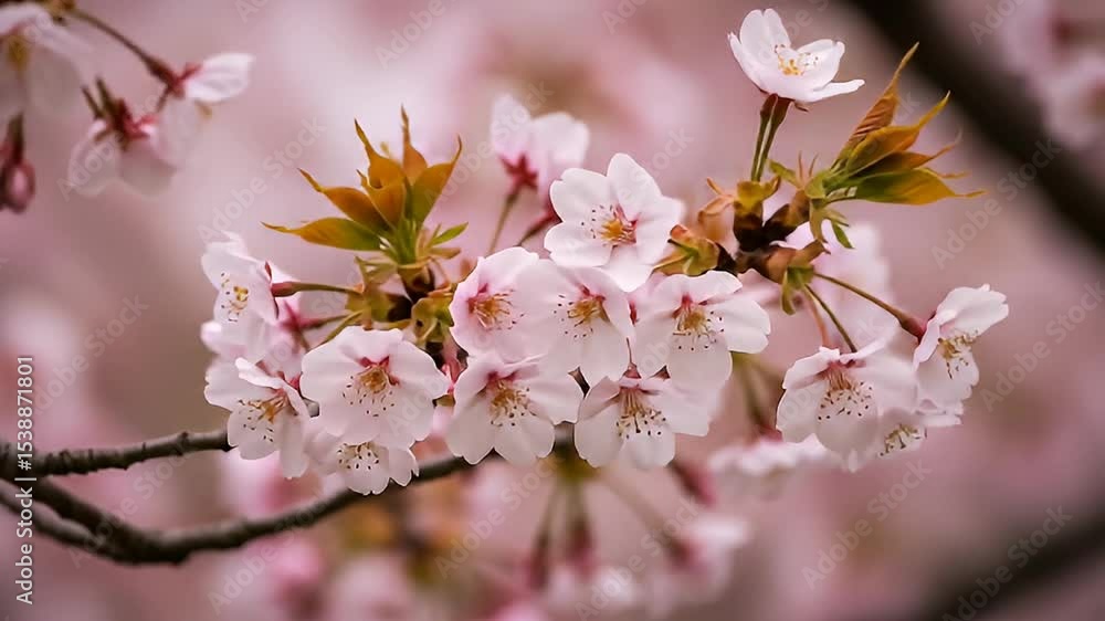 Close Up Cherry Blossom Branch Displaying Pink Petals Against Blurred Background Close Up Cherry Blossom Branch Displaying Pink Petals Against Blurred Background
