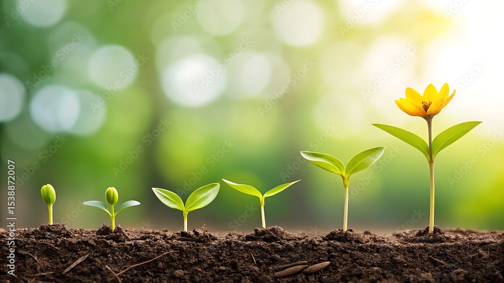 Fototapeta premium Growth stages of a plant from seedling to blooming flower in soil with blurred background