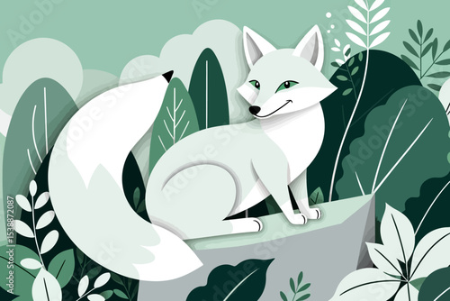 Illustrative Arctic Fox in a Lush Green Forest Setting-Unique Animal Art-Whimsical Nature Scene-Fox with Green Eyes-Calming Forest Illustration-Serene Wildlife Art