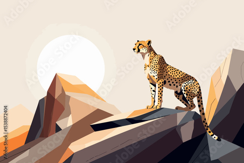 Majestic Cheetah Illustration-Abstract Mountain Landscape-Wildlife Art-Big Cat Design-Geometric Nature Scene-African Animal Graphic-Unique Cheetah Print