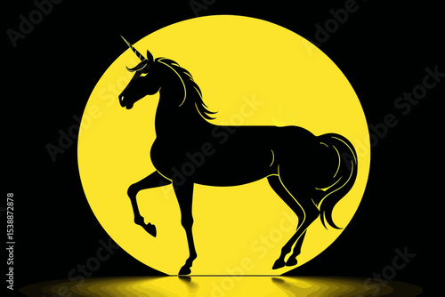 Two Headed Unicorn Illustration-Black Silhouette on Yellow Background-Mythical Creature Art-Fantasy Horse Design-Unique Unicorn Image