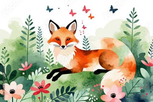 Watercolor Fox in a Floral Meadow with Butterflies- Cute Forest Animal Illustration- Whimsical Nature Art- Perfect for Children's Decor- Serene and Peaceful Scene
