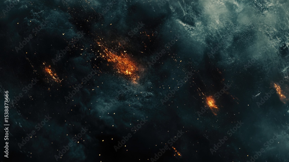 Fototapeta premium Dark, swirling clouds interspersed with fiery orange and yellow embers, creating a dramatic, chaotic, and intensely textured scene