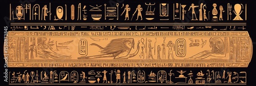 Egyptian hieroglyphs and a lion illustration on a brown background with black borders.