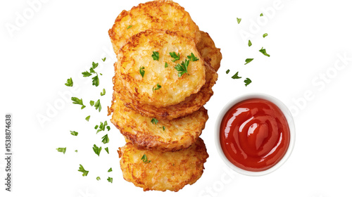 Overhead view of golden hash browns stacked with parsley garnish and ketchup on the side isolated on transparent background 