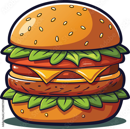 Colorful cartoon illustration of a delicious double decker cheeseburger with all the fixings