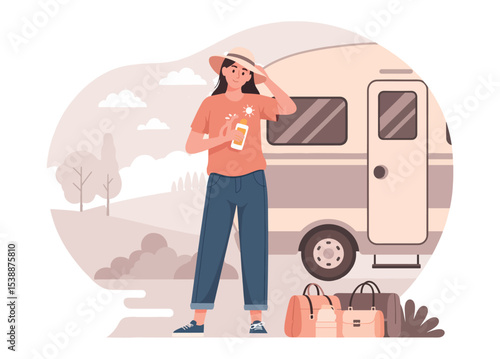 Young woman applying sunscreen near camper van before road trip