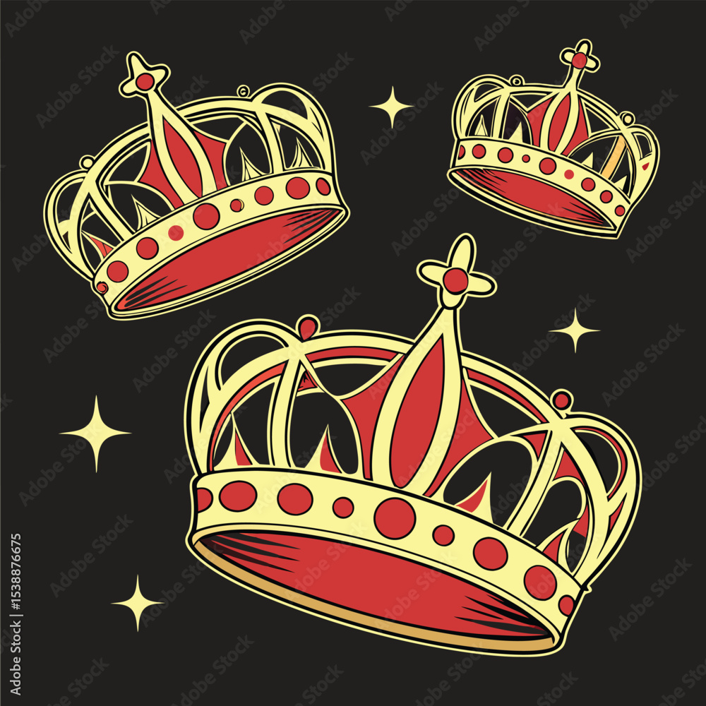 Fototapeta premium Ornate crown designs in gold and red with sparkling elements