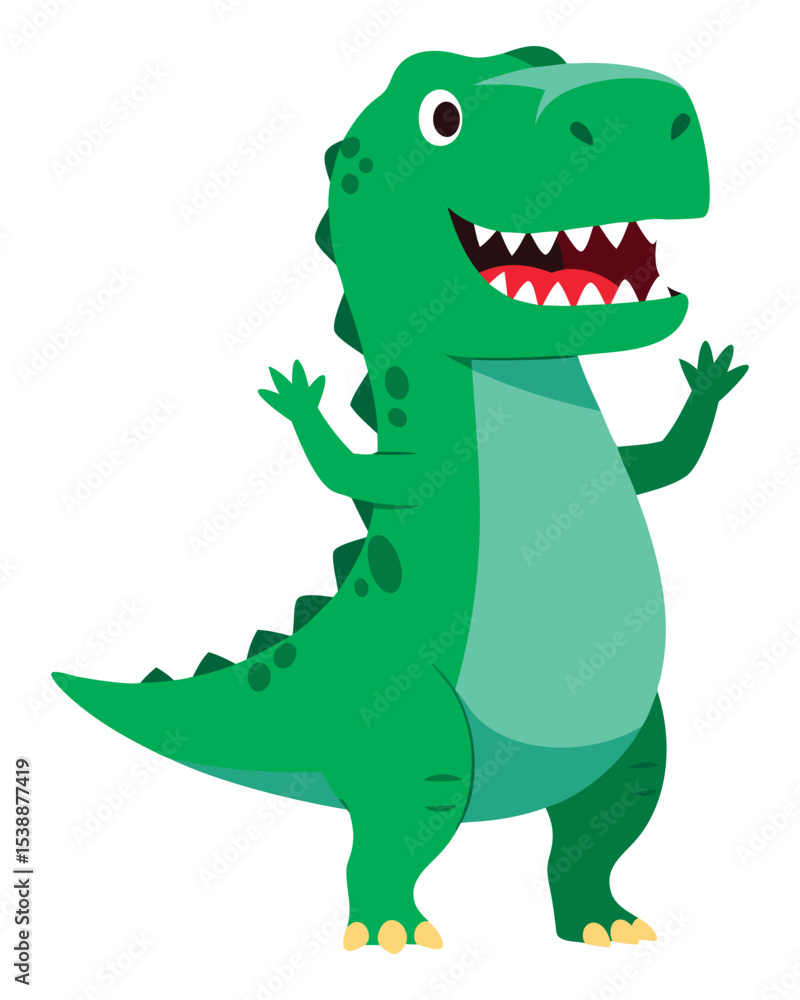 Obraz premium Playful and Friendly Green Cartoon Dinosaur Character with Big Smile and Outstretched Arms, Perfect for Children's Illustrations and Designs