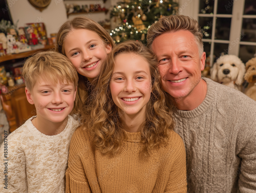 Fototapeta premium A family photo at Christmas with various Christmas items in the background