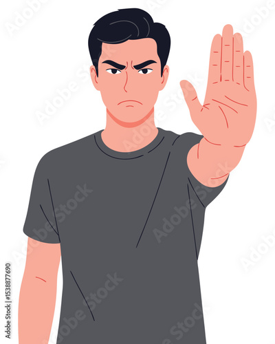 Angry Man Showing Stop Gesture to Communicate Refusal and Establish Personal Boundary in Digital Illustration