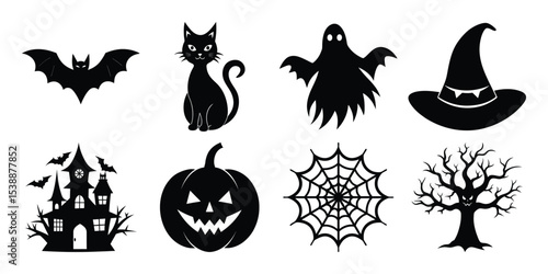 halloween vector element silhouette set, spooky black icon bundle on white background