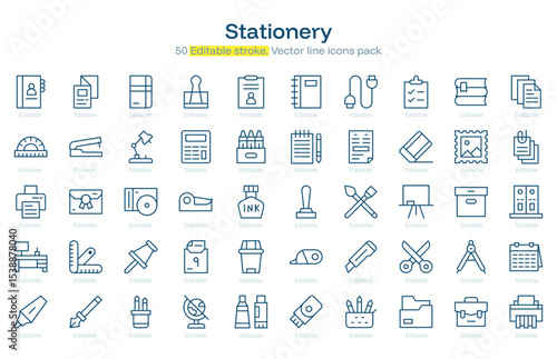 Stationery line icon pack. Stationery Stroke icon set. Editable Stroke icon