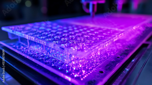 A purple and blue object is being cut by a machine
