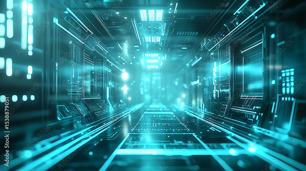 Obraz premium A futuristic space with a blue light and a lot of lights