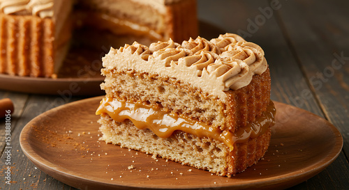 Wallpaper Mural A slice of churros cake with cinnamon sponge and dulce de leche filling, decorated with piped dulce de leche and sprinkled cinnamon. Displayed on a rustic wooden plate Torontodigital.ca