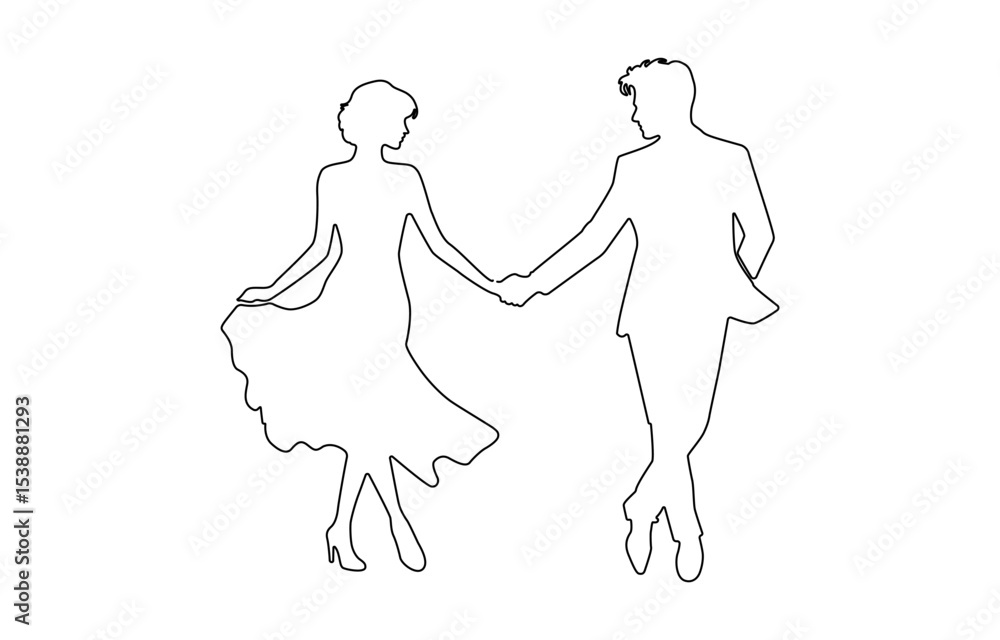 Fototapeta premium Young couple walking away. Woman wearing shorts and long jacket. Rear view. Continuous line drawing, Black linear sketch isolated on white background. Vector illustration.