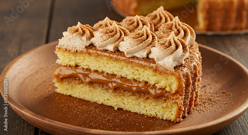 Wallpaper Mural A slice of churros cake with cinnamon sponge and dulce de leche filling, decorated with piped dulce de leche and sprinkled cinnamon. Displayed on a rustic wooden plate Torontodigital.ca