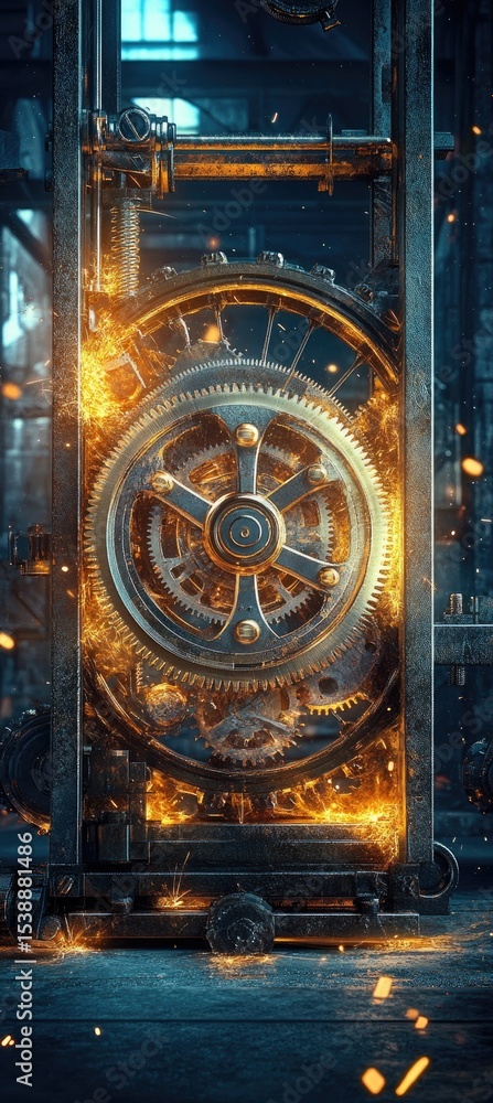 Fototapeta premium Fiery, ornate clockwork mechanism within a dark, industrial metal frame, sparks flying