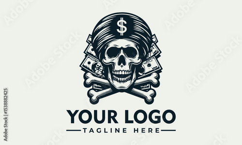 A skull logo design, adorned with money and a military-style hat, suggesting wealth and power.