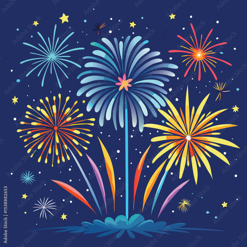Naklejka premium Vibrant Night Sky Fireworks Celebration Vector Illustration