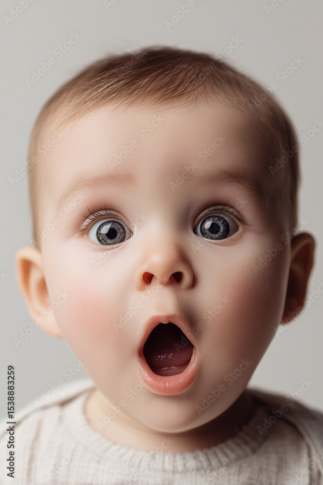 Extreme close-up portrait of a surprised baby with wide-open eyes and mouth, expressing amazement or shock. Photorealistic skin texture, soft light, head and neck only, neutral background. Extreme close-up portrait of a surprised baby with wide-open eyes and mouth, expressing amazement or shock. Photorealistic skin texture, soft light, head and neck only, neutral background.