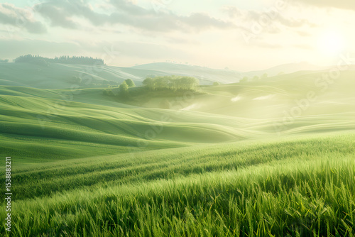 The grassland and woods under the blue sky and white clouds