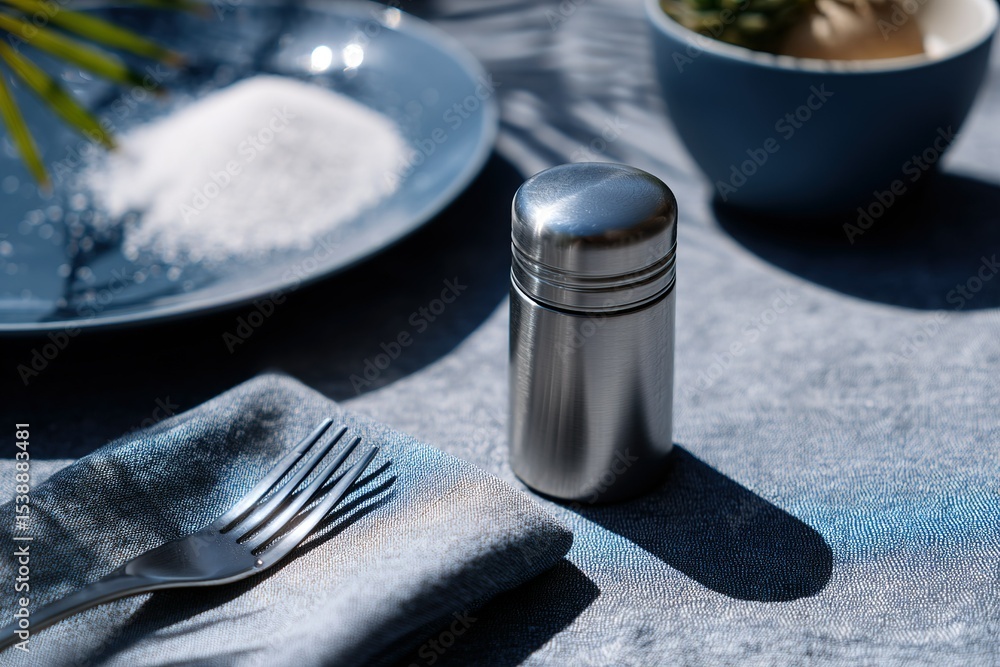 Metal salt shaker placed on a dining table with a fork, dish, and a plant in sunlight outdoors Metal salt shaker placed on a dining table with a fork, dish, and a plant in sunlight outdoors