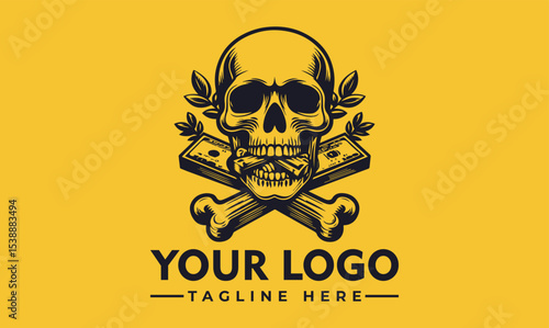 Skull with money in its mouth and crossed bones, framed by leaves, on a yellow background.