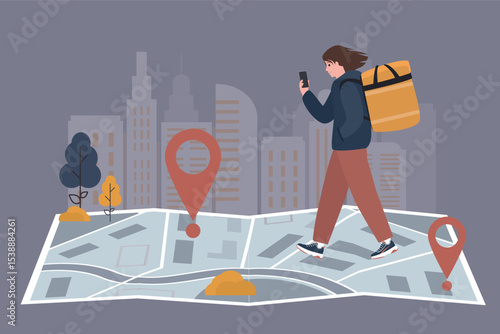 Delivery woman walking with food box and smartphone. Delivery service. Female courier walking on giant city map and uses mobile phone for navigation. Urban view on background.