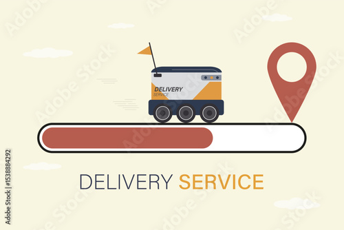 Food delivery robot driving on loading bar. Robots delivering food, parcel or post. Wireless drone, future technology. Unmanned car drive to location pin. Delivery service.