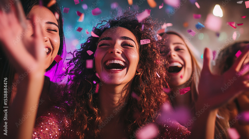 A group of friends laughing and throwing confetti in the air with vivid pink and purple lighting. A group of friends laughing and throwing confetti in the air with vivid pink and purple lighting.