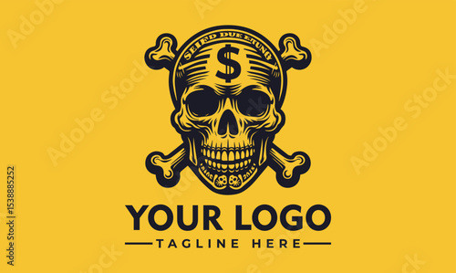 Gold skull logo with dollar sign,  placed on a yellow background.