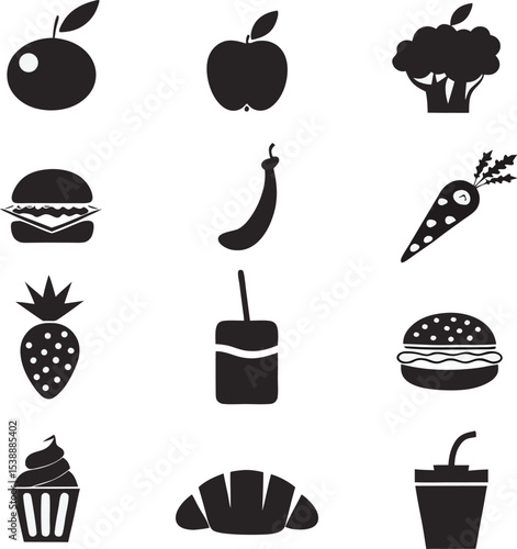 Black and white vector illustration of various food items including fruits vegetables beverages and snacks perfect for healthy eating lifestyle or culinary designs