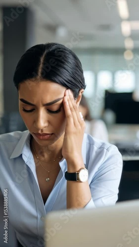 Stressed young businesswoman suffering from headache while working at office desk with colleagues in blurred background