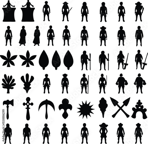 Collection of diverse black silhouette figures including people with props plants and accessories in a minimalist design