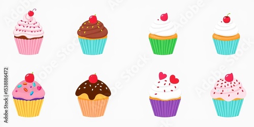 Set of cute vector cupcake designs, various frosting styles and toppings,  vector,   isolated