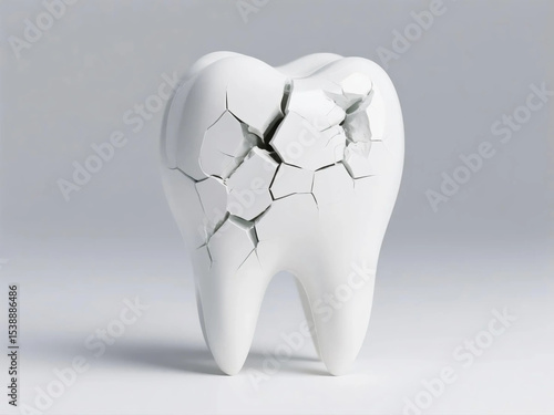 A cracked white tooth model with fragments breaking off, symbolizing dental decay or structural weakness, set against a neutral background