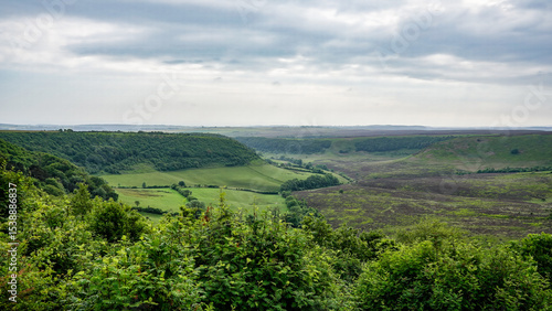 Lush green valley and hills stretching under cloudy sky in North York Moors National Park, United Kingdom