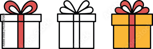 Three gift boxes with ribbons red white and yellow