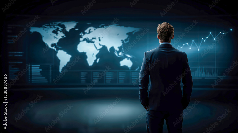 Investor analyzing global markets on large holographic screen with glowing world maps and graphs, neon accents, dark background Investor analyzing global markets on large holographic screen with glowing world maps and graphs, neon accents, dark background