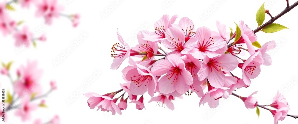 Fototapeta premium Realistic vector illustration of a pink cherry blossom bouquet with branches and leaves, isolated on white , plant, cherry