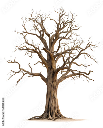 Big tree stands tall, its bare branches reaching up, isolated on transparent background in png format.